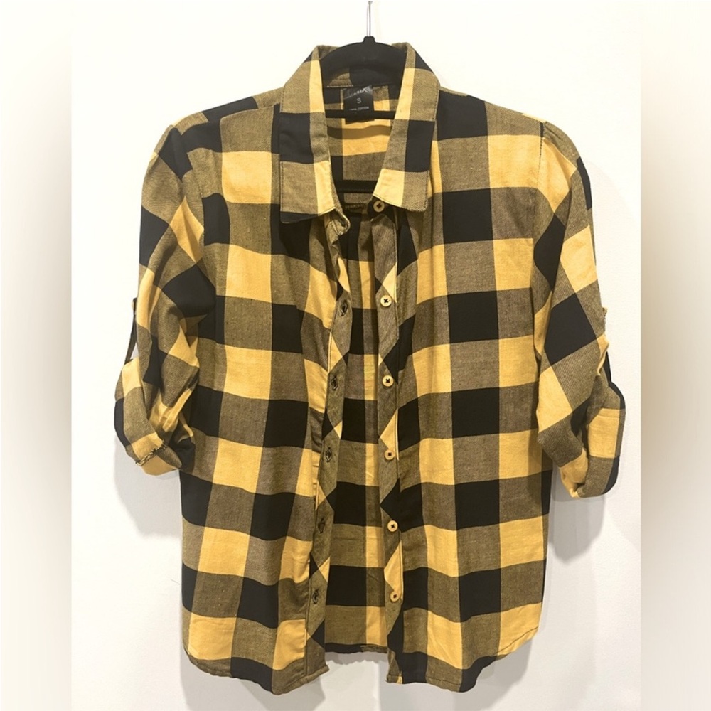 Yellow and Black Plaid Button-Up Shirt